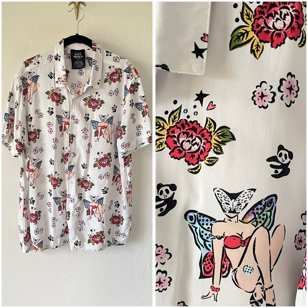 AIKO artist edition x Forever 21 white button up shirt floral tattoo style